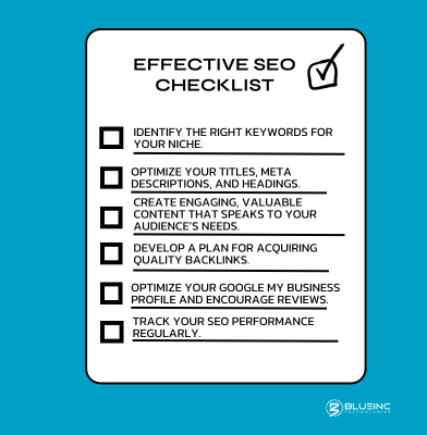 An SEO checklist featuring essential tasks for optimizing your website, including keyword research, on-page SEO tips, quality content creation, backlink strategy, local SEO tips, and performance monitoring. Perfect for marketers looking to enhance their search engine visibility and drive organic traffic.